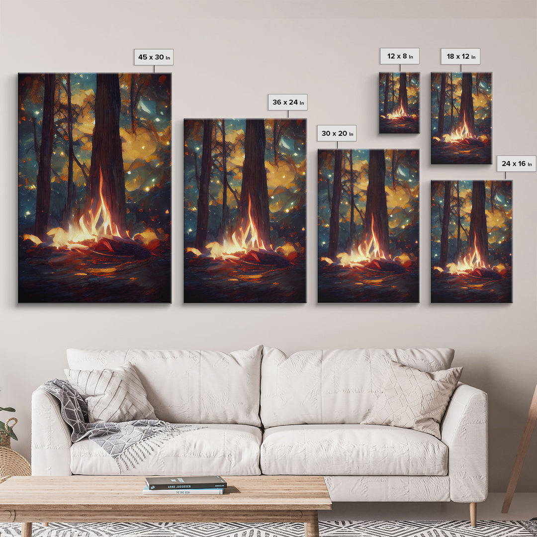 Night Stars Camp Fire In Woods Big Tree Wall Art, Fine Art Print, Wall Poster