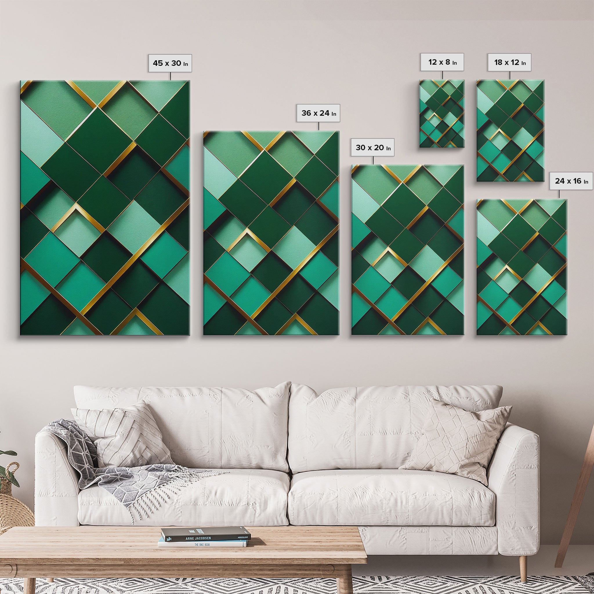 Emerald Green Geometric Abstract Art, Framed Canvas Print, Ready To Hang Framed Wall Art, Living Room Wall Hanging