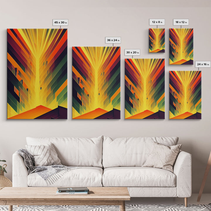 Unique art deco style abstract art, reflections of a sunset through stained glass, framed canvas print