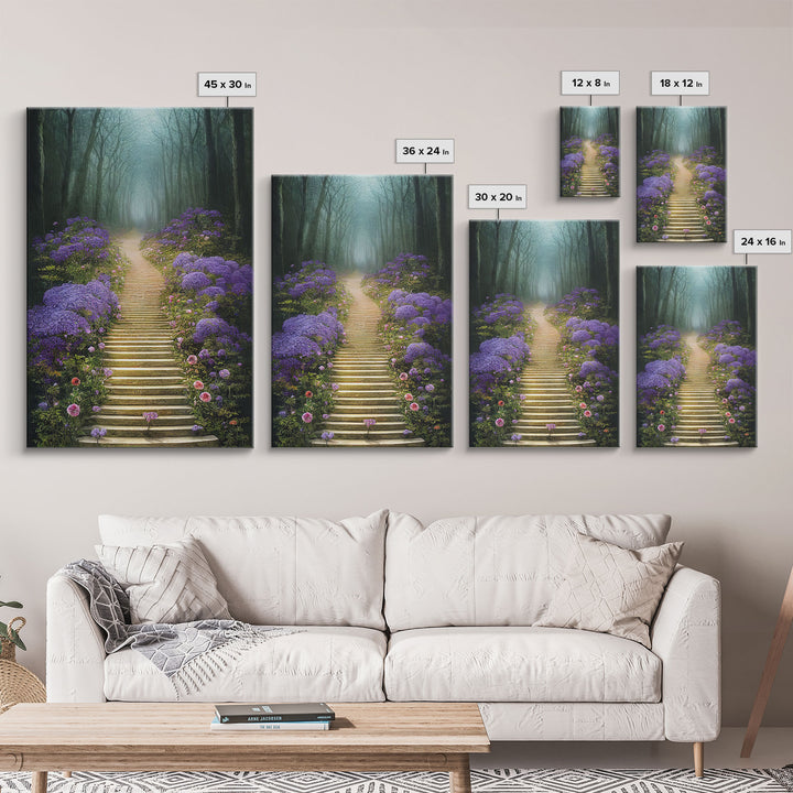 Lavender Lined Stairs Leading To The Haunted Forest, Fantasy Wall Art, framed canvas print, framed art