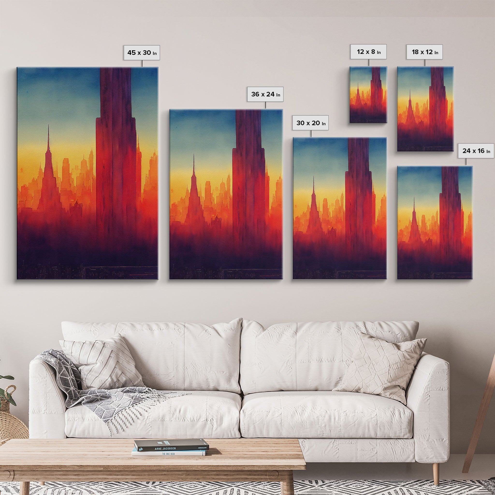 Chicago at sunset concept art, synthwave style, framed canvas print, ready to hang wall art with frame