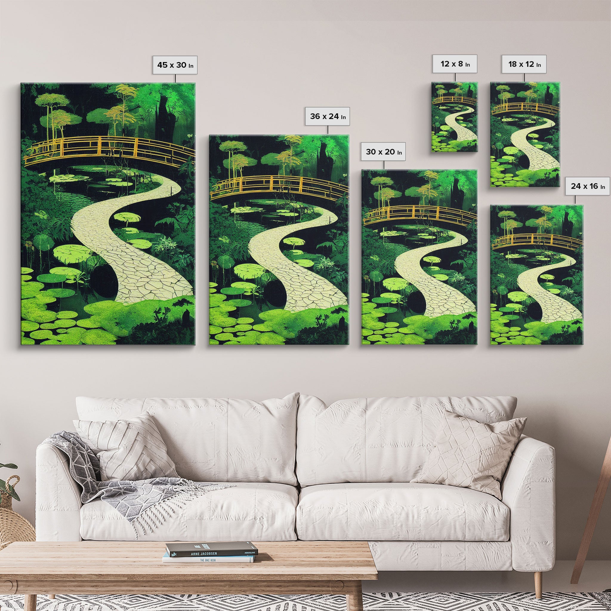 Emerald green Japanese zen garden art, framed canvas print, abstract art