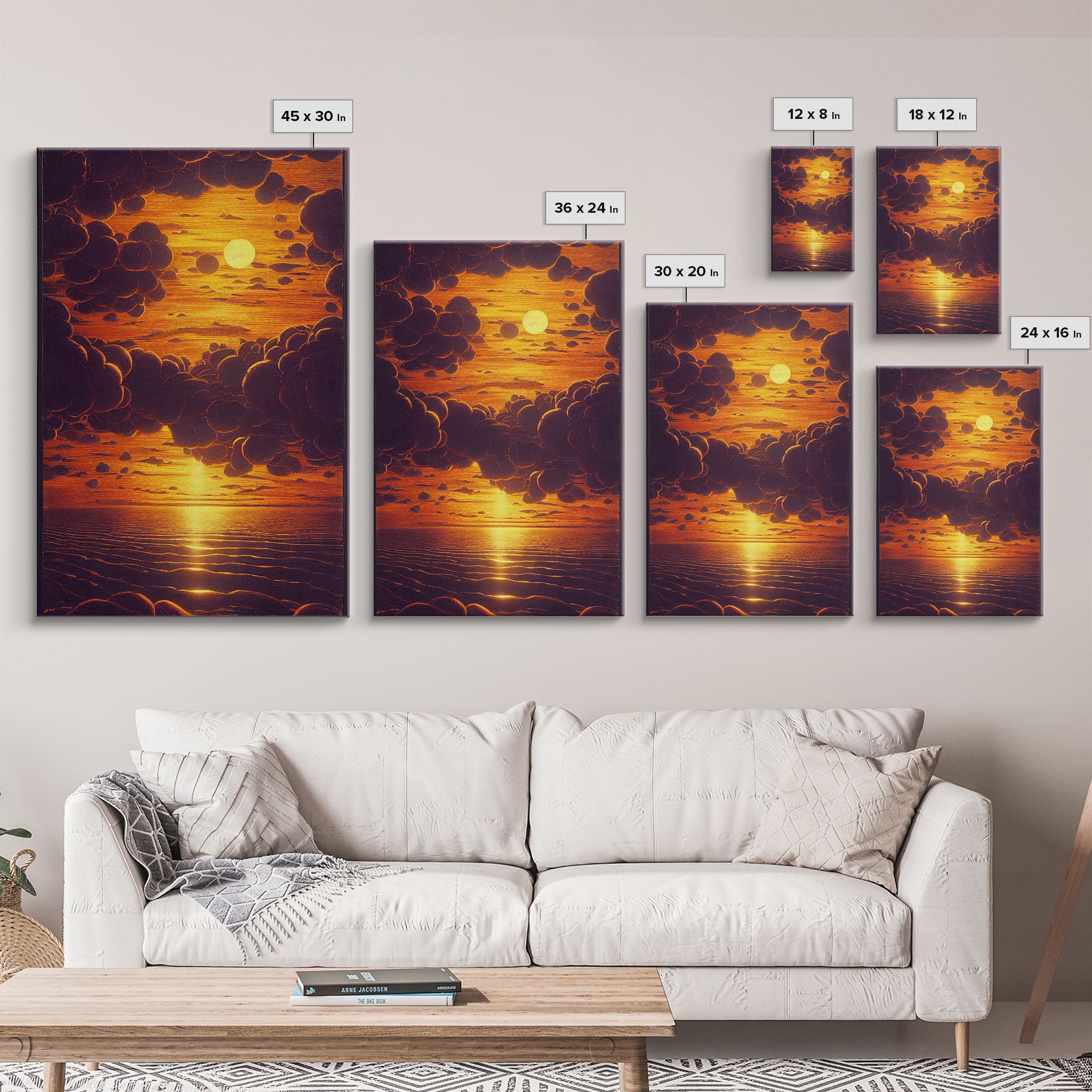 Orange Sunset, Psychedelic Sepia Sunset Art, Framed Canvas Print, Ready To Hang Framed Wall Art