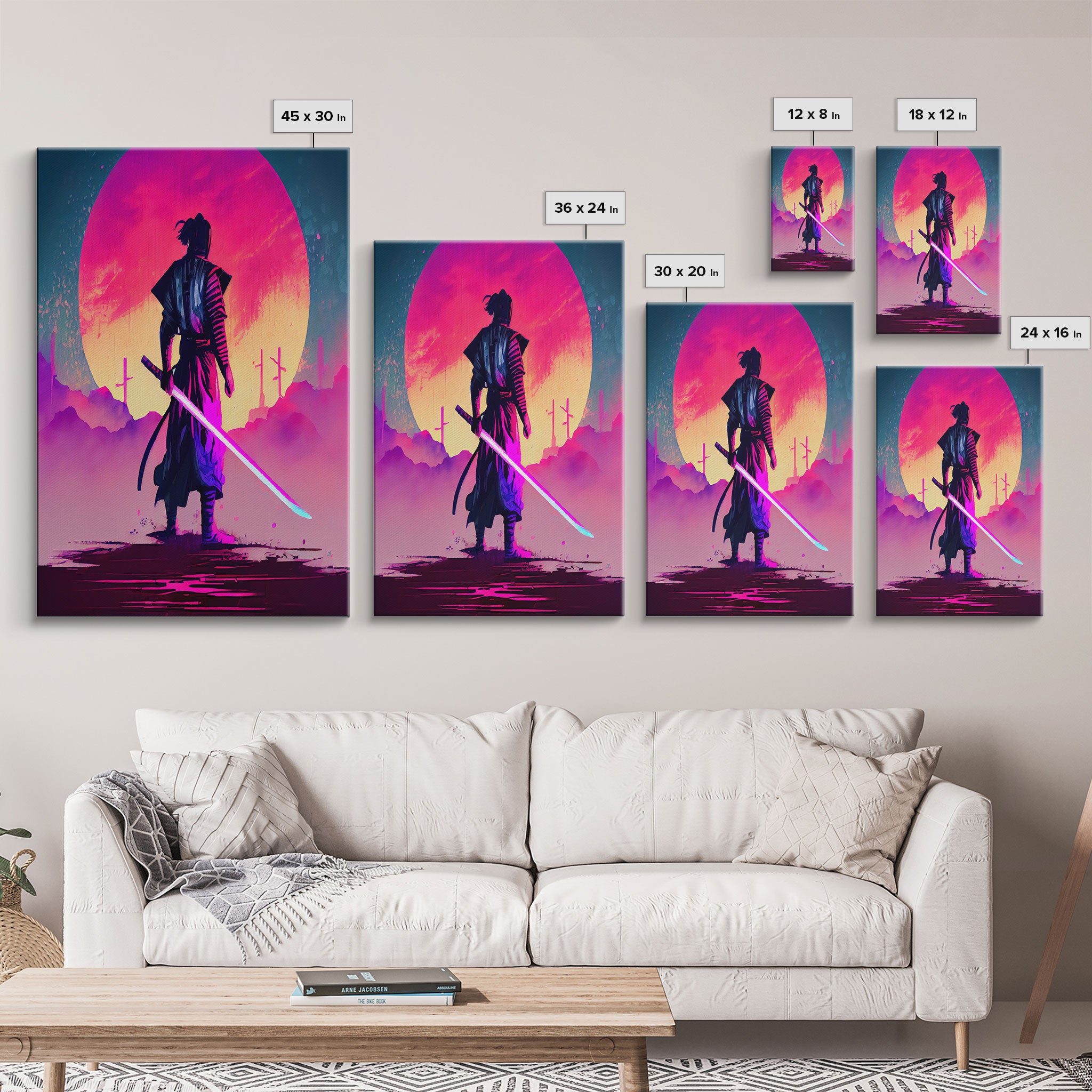 Synthwave Samurai, Cyberpunk Samurai Art, Framed Canvas Print, Ready To Hang Framed Wall Art