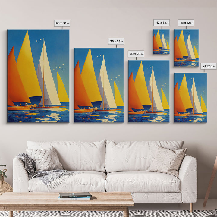 Golden Art Deco Sailboats in the Sun, Lakehouse Decor, Framed Canvas Print, Ready To Hang Framed Wall Art, Living Room Decor