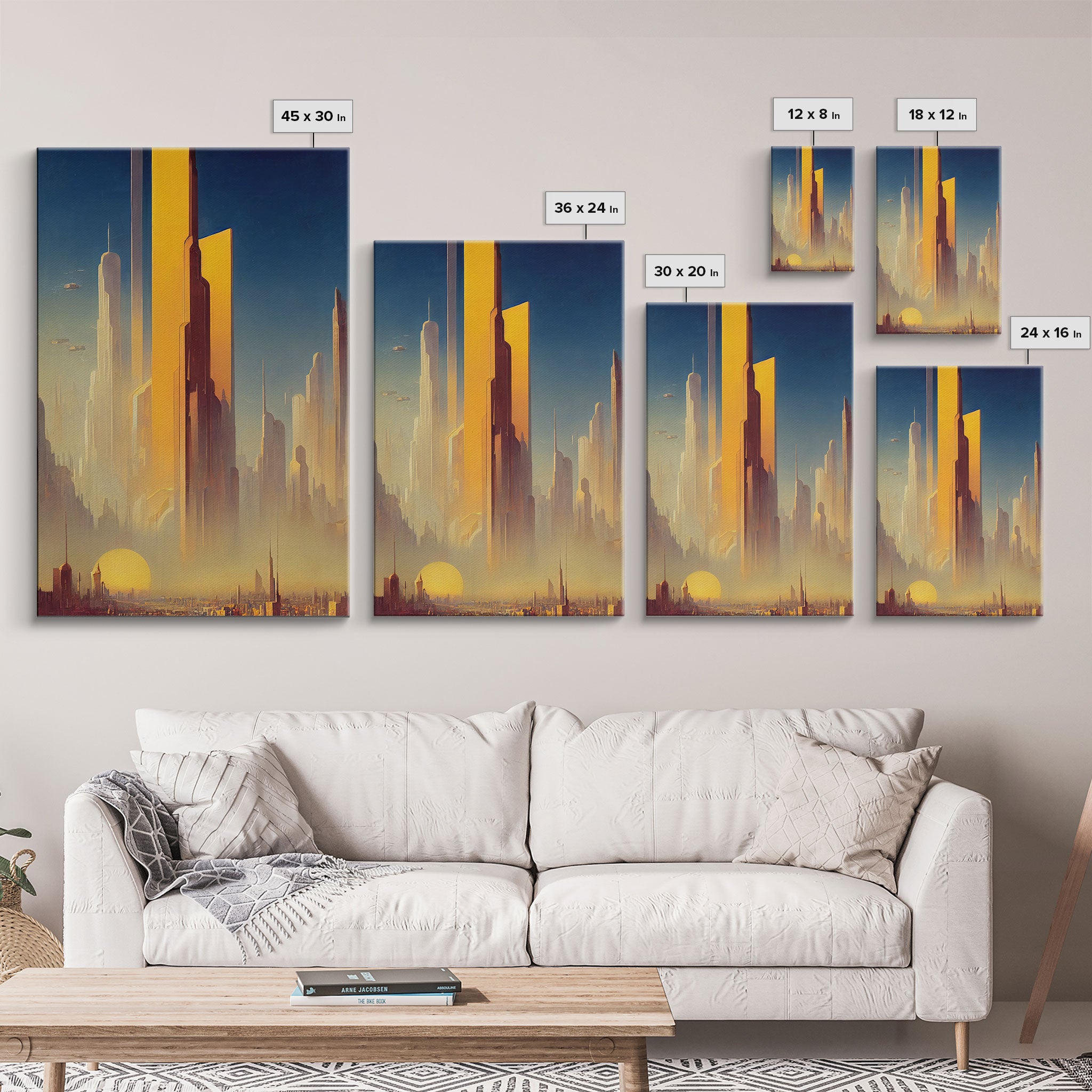 Huge Cyberpunk Desert Metropolis, Video game concept art, Framed Canvas Print, Ready To Hang Framed Wall Art, Living Room Decor