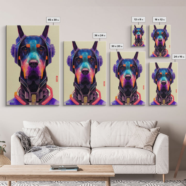 Cyberpunk Dobermann Pinscher Portrait, Watercolor, Framed Canvas Print, Ready To Hang Framed Wall Art, Living Room Wall Hanging