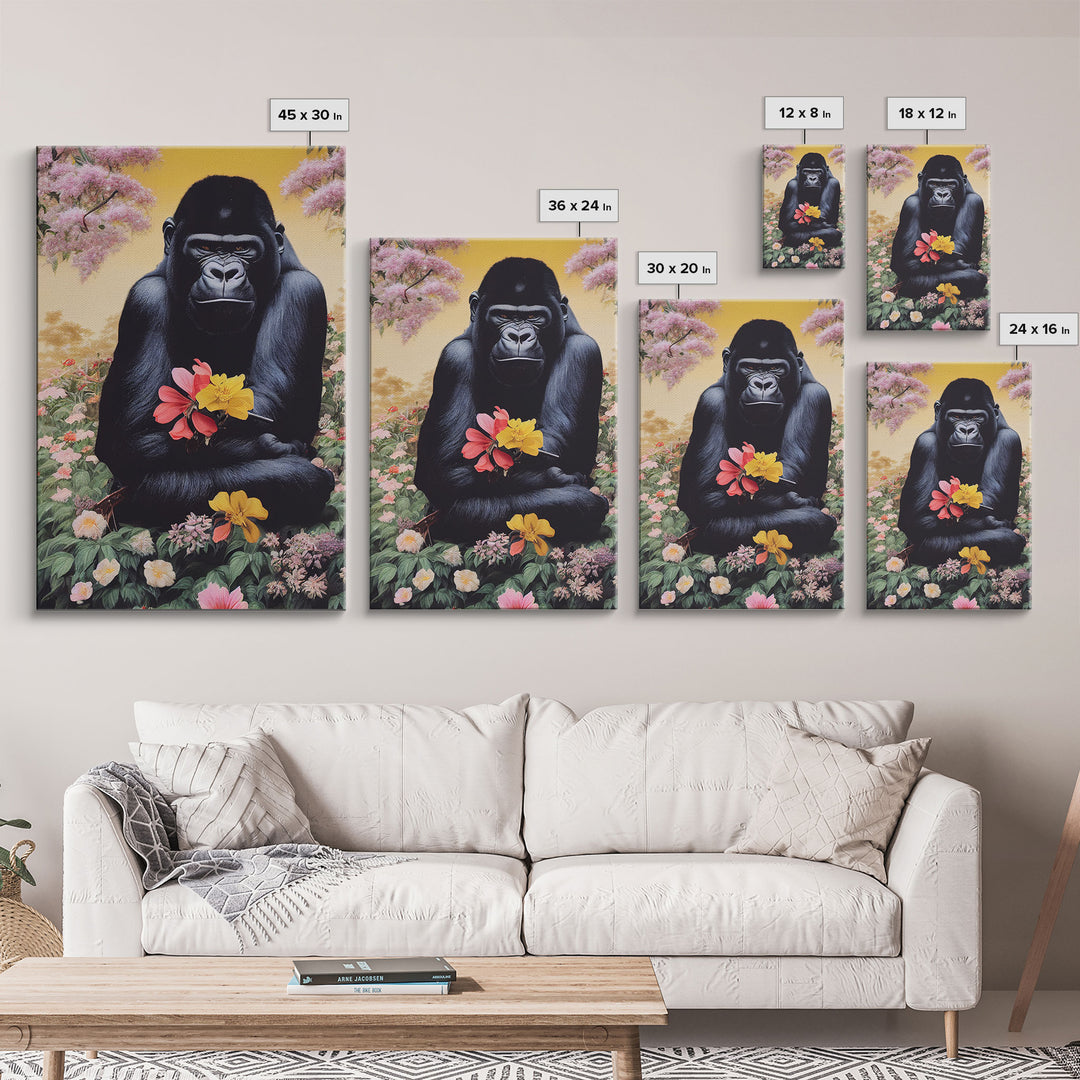 Portrait of a happy gorilla holding flowers, Framed Canvas Print, Ready To Hang Framed Wall Art