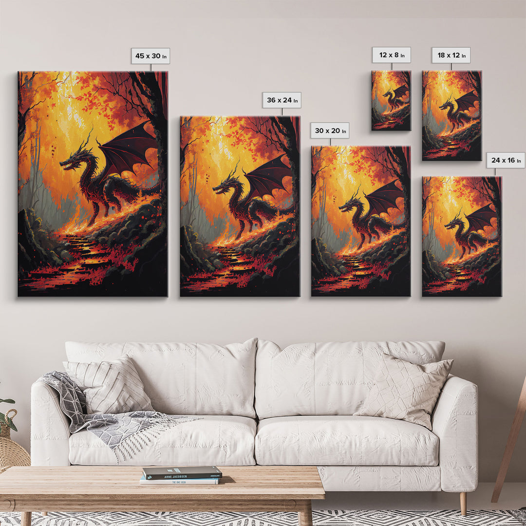 Dragon standing in a burned forest, fantasy art, fine art poster print