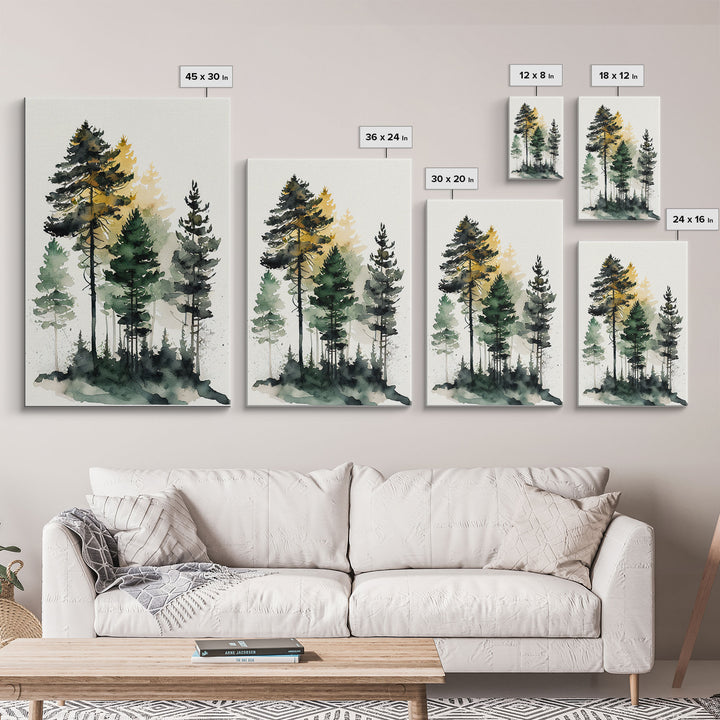 Watercolor pine tree forest, framed canvas print, cool wall art