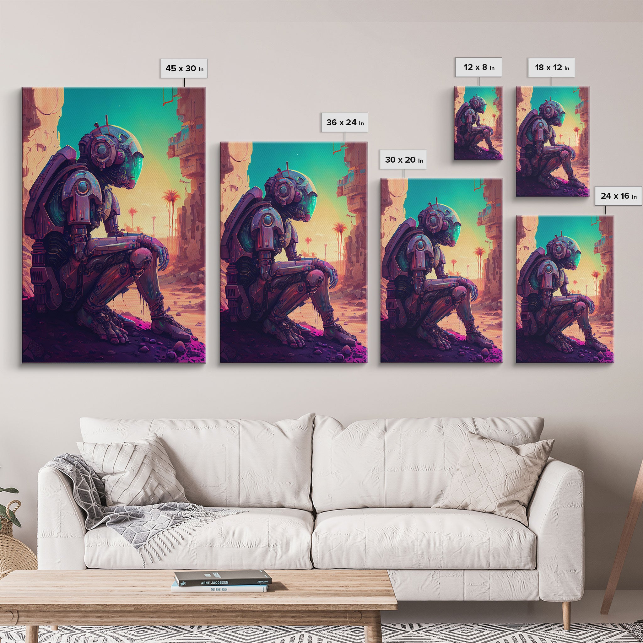 Android deep in thought, AI, fine art poster print