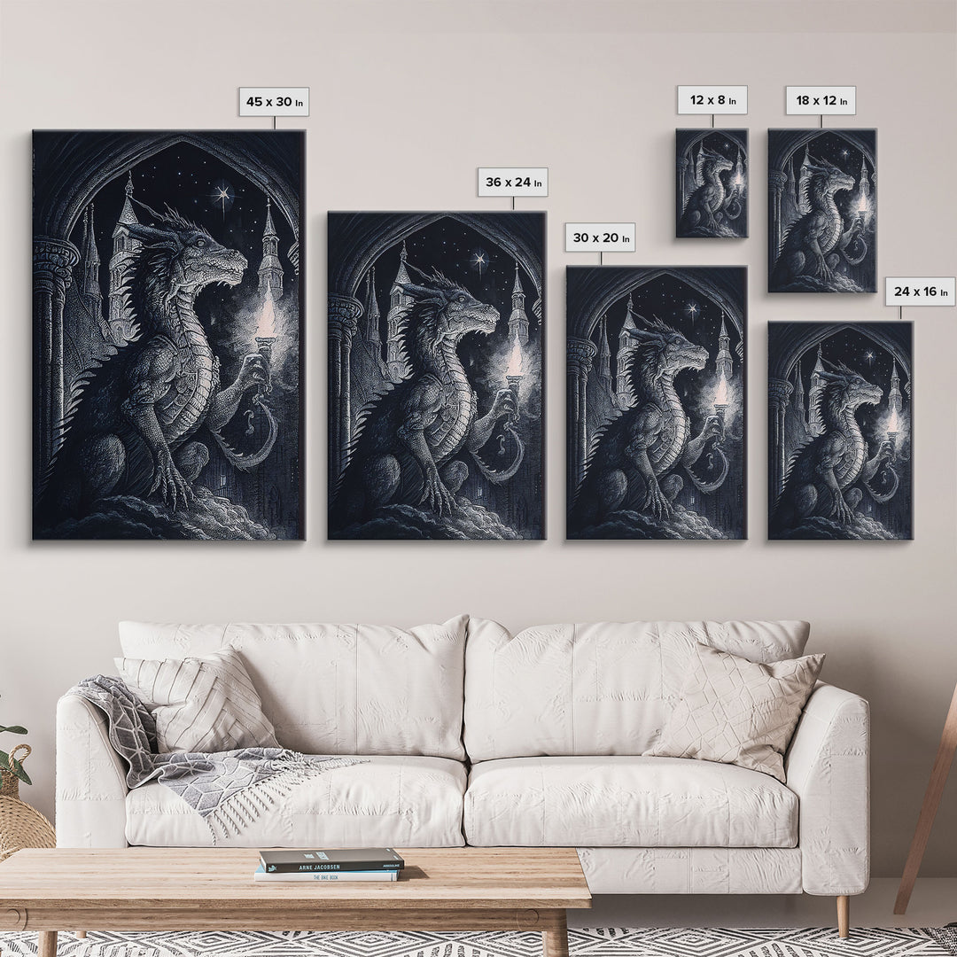 Dragon holding a torch, poster art, black and white dragon