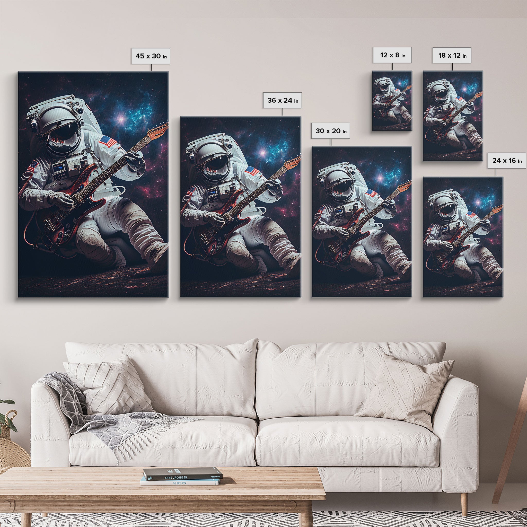 Jammin' in space, astronaut playing the guitar, framed canvas print