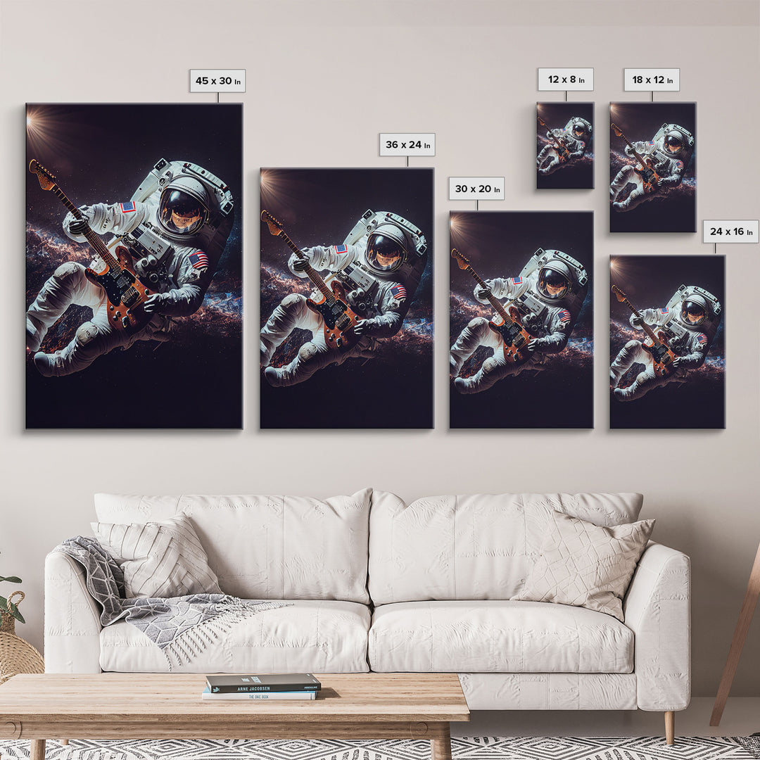 Space man jam, astronaut playing guitar in space, framed canvas print wall art