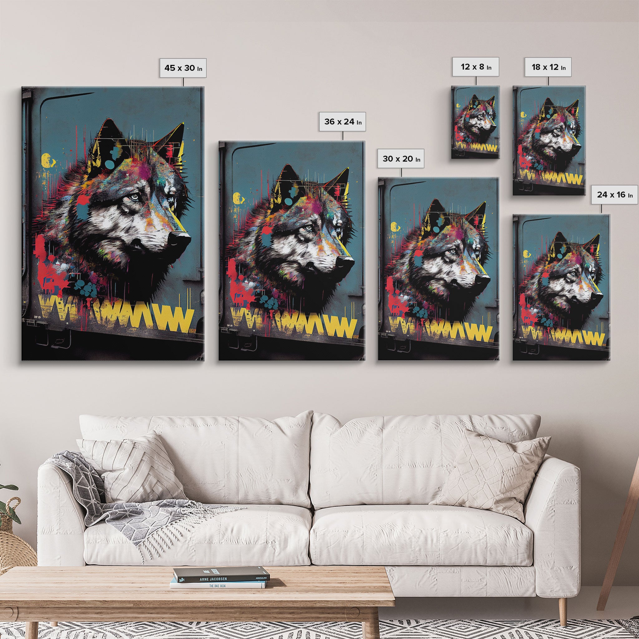 Wolf graffiti on a subway train car, framed canvas print, framed wall art