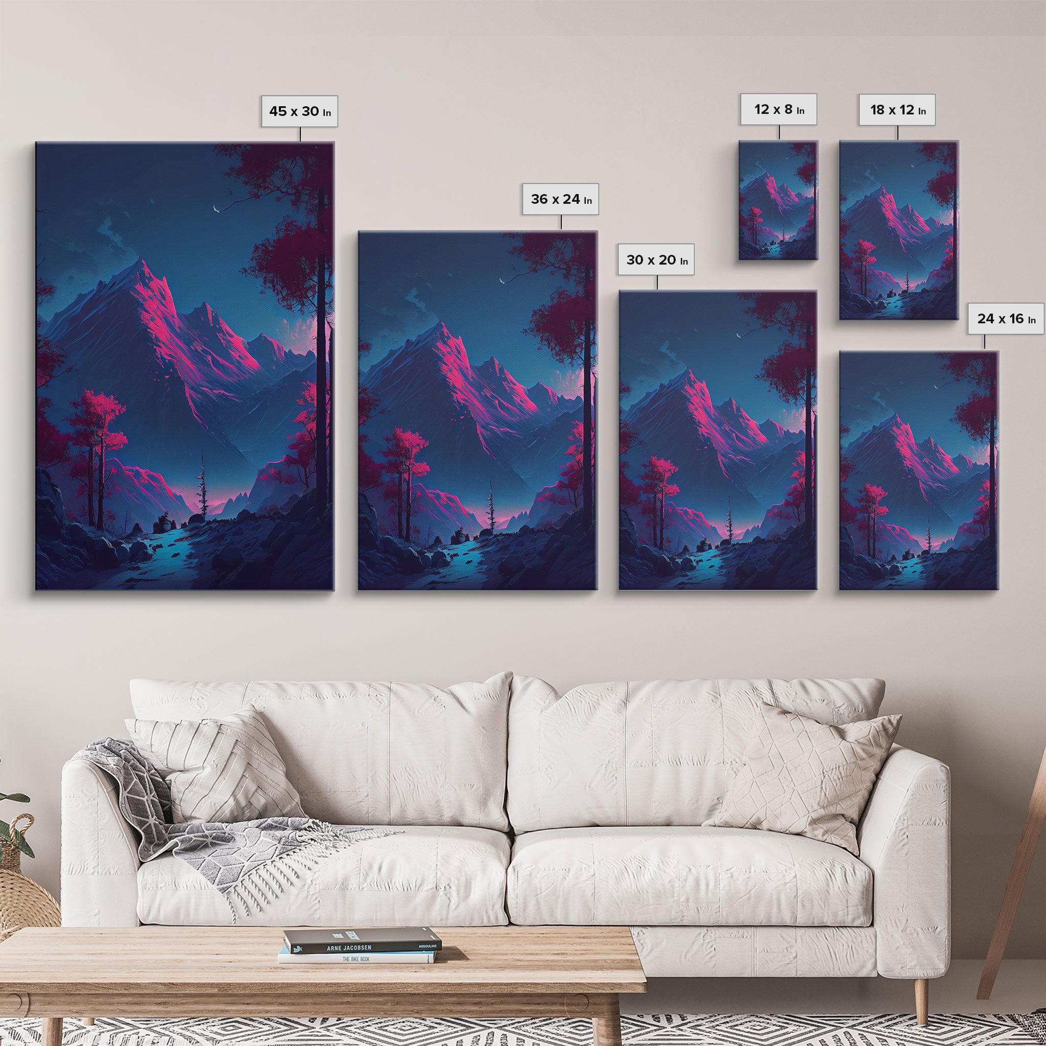 Vaporwave mountain landscape, pink and purple mountain art, framed canvas print