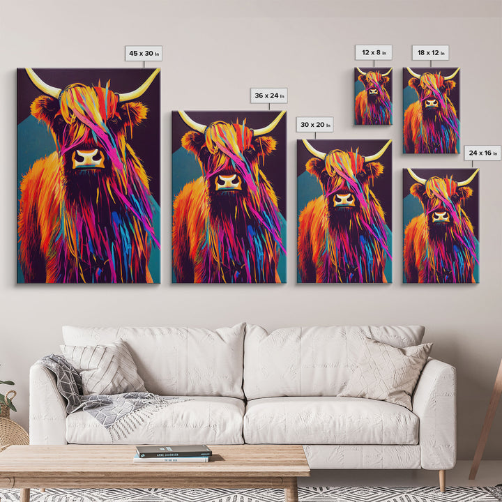 Colorful farmhouse art, Highland cow, Scotland cattle, framed canvas print