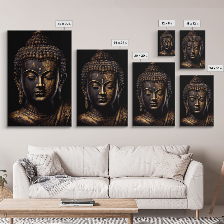 Gold and black Buddha, framed canvas print, zen center yoga art