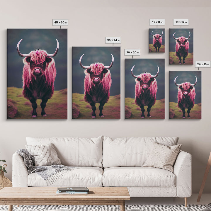 Colorful farmhouse art, Highland cow, Scotland cattle, framed canvas print, pink cow