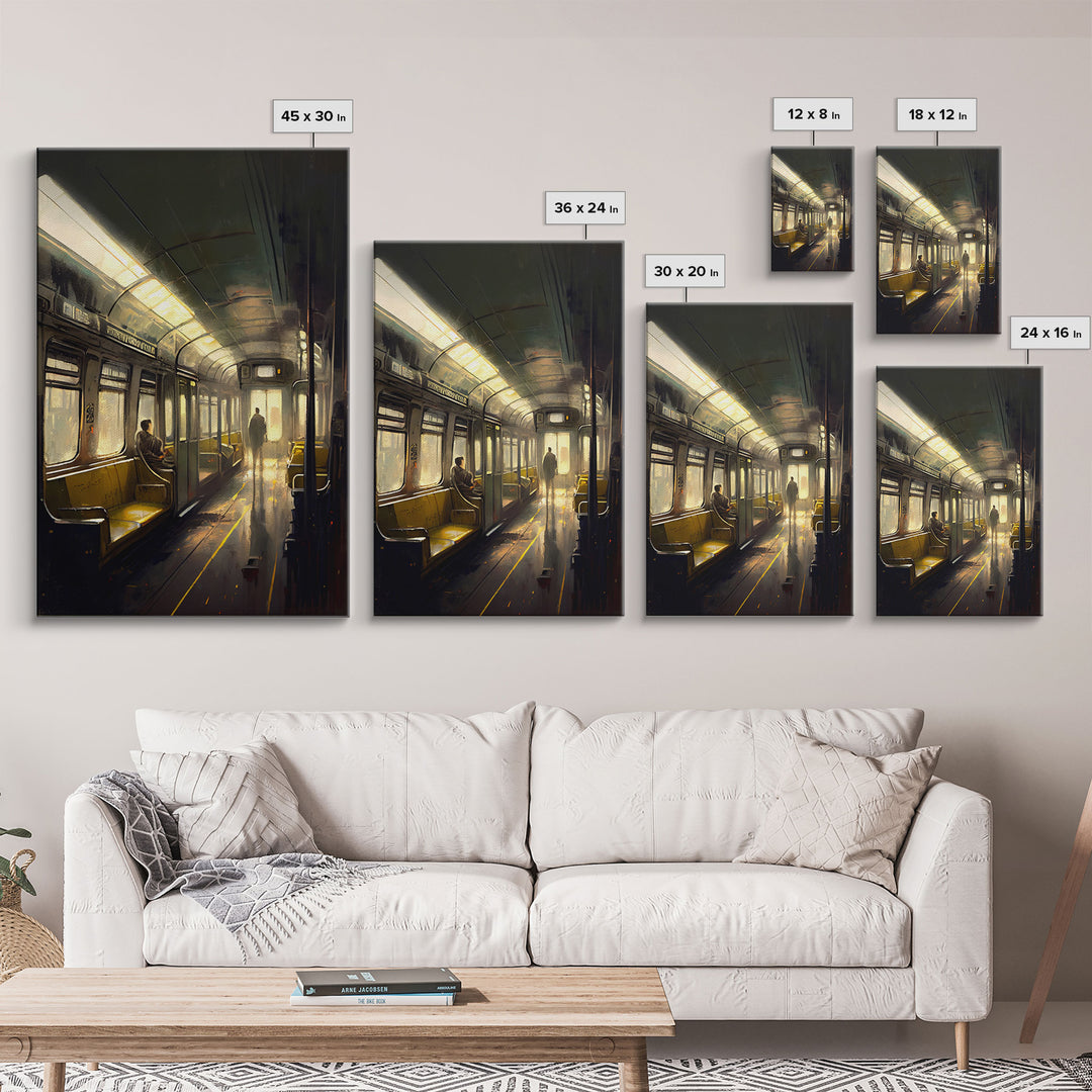 Still life on a subway, train art, framed canvas print