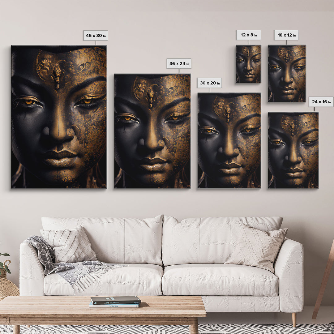 Golden eyed buddha statue framed canvas print, art for yoga studio, zen art