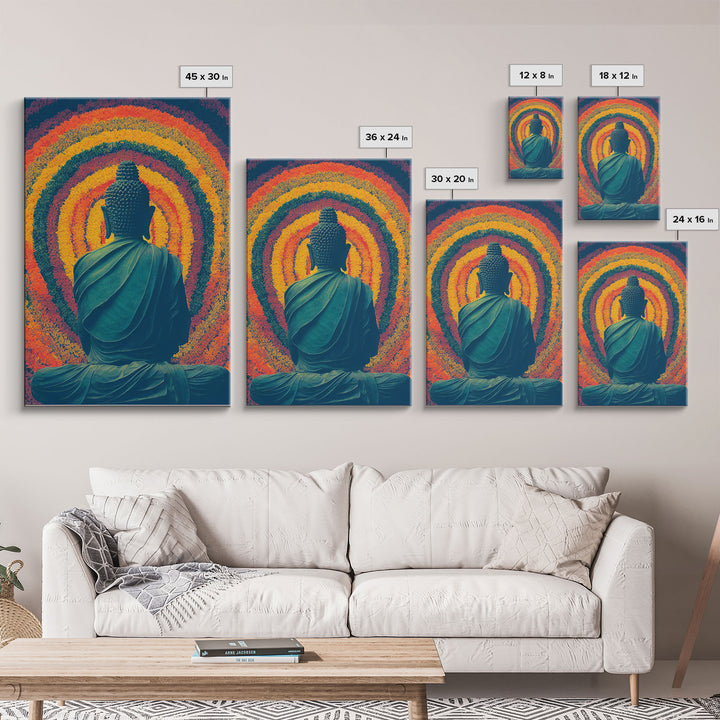 Colorful rainbow Buddha facing a ring of flowers, framed canvas print, yoga studio art