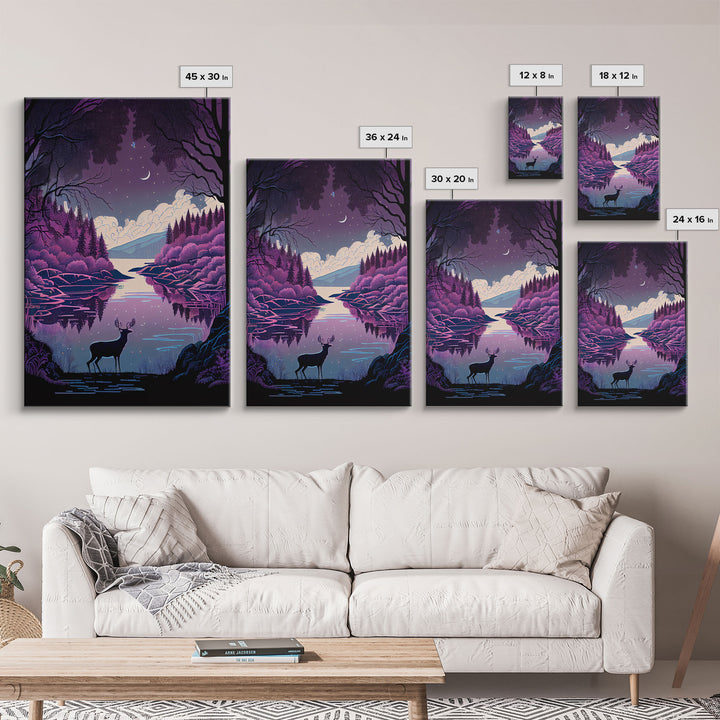 Mystical Deer Purple Forest Lake Wall Art Canvas Print - Serene Nature Scene Vibrant Artwork