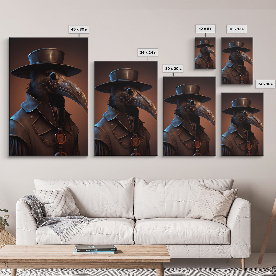 Crow wearing a plague doctor mask, poster art, cool spooky fine art poster print