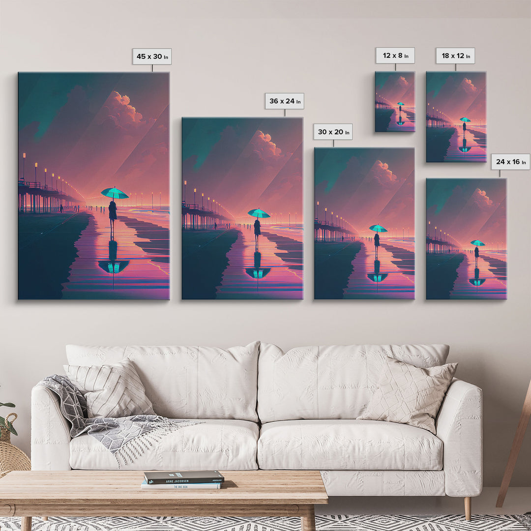 Synthwave Art, Neon / Pastel Beach Boardwalk, framed canvas print, vintage 80s style art