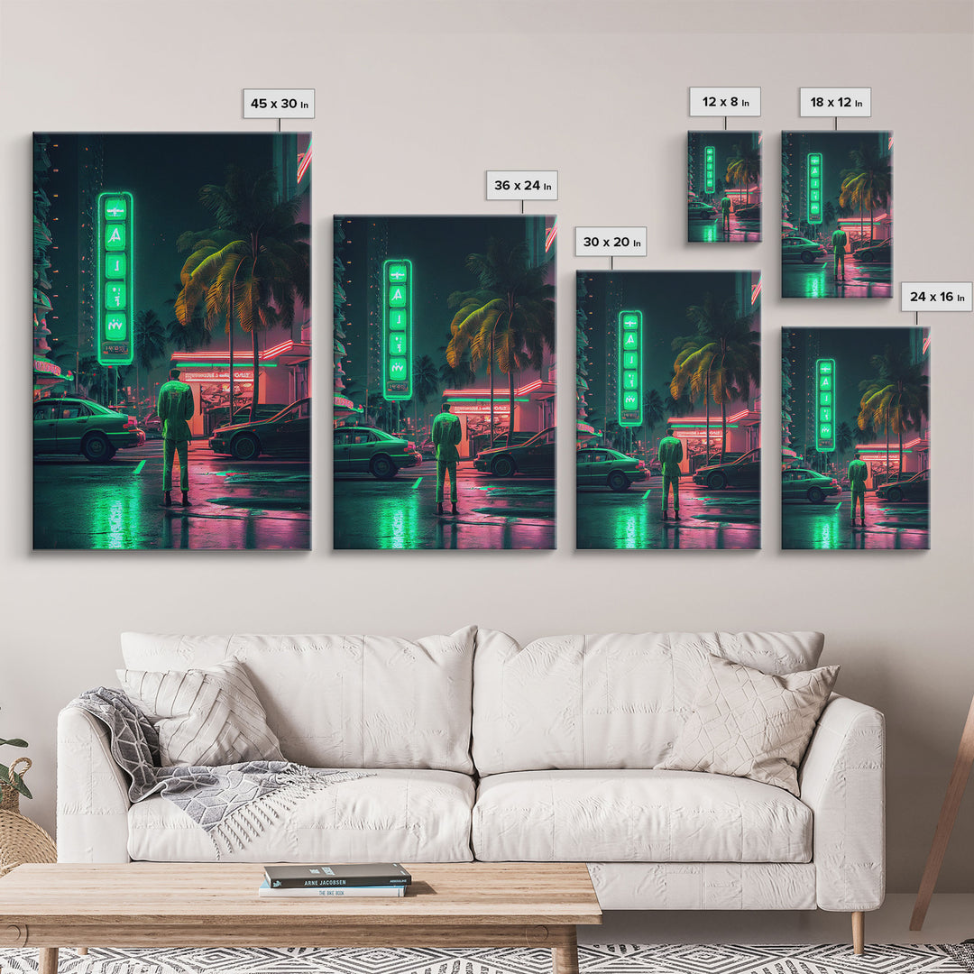 Neon Tokyo Streets, 80s Retro Style Tokyo Art, Framed Canvas Print