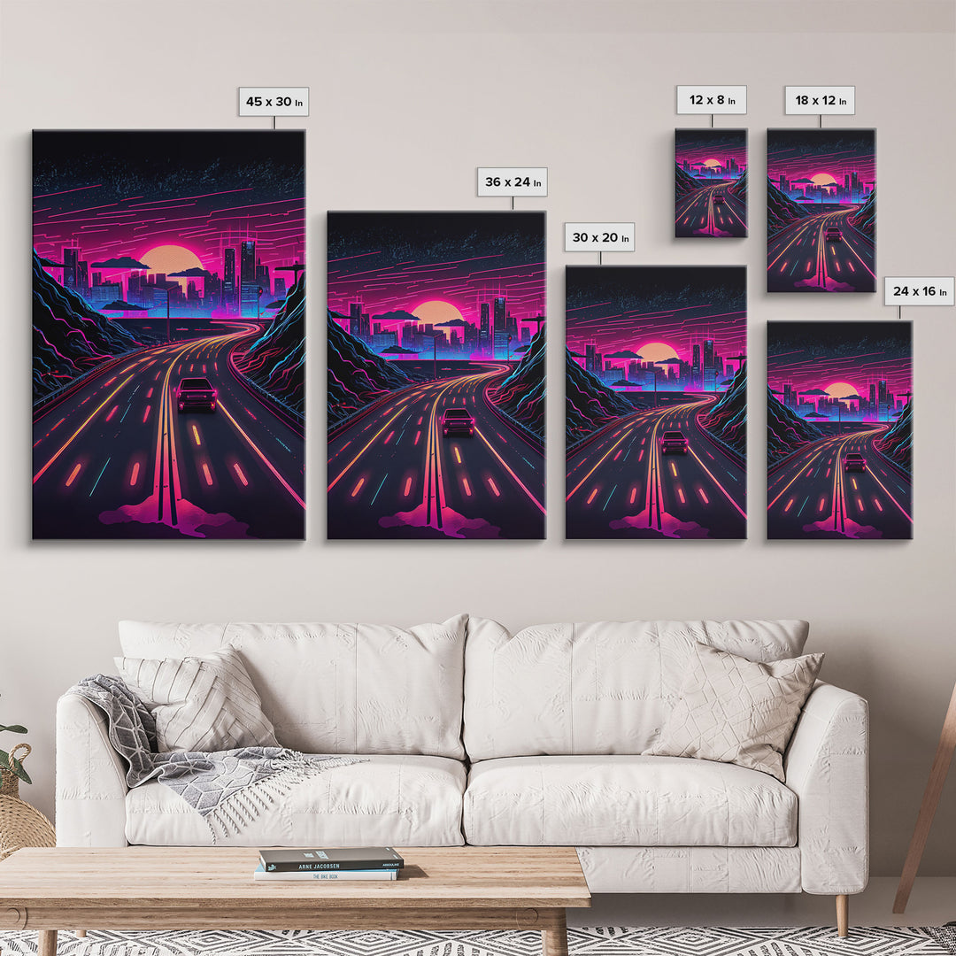 The Drive, Retrowave Outrun Style City Skyline Sunset, 80s Vibes, Framed Canvas Print