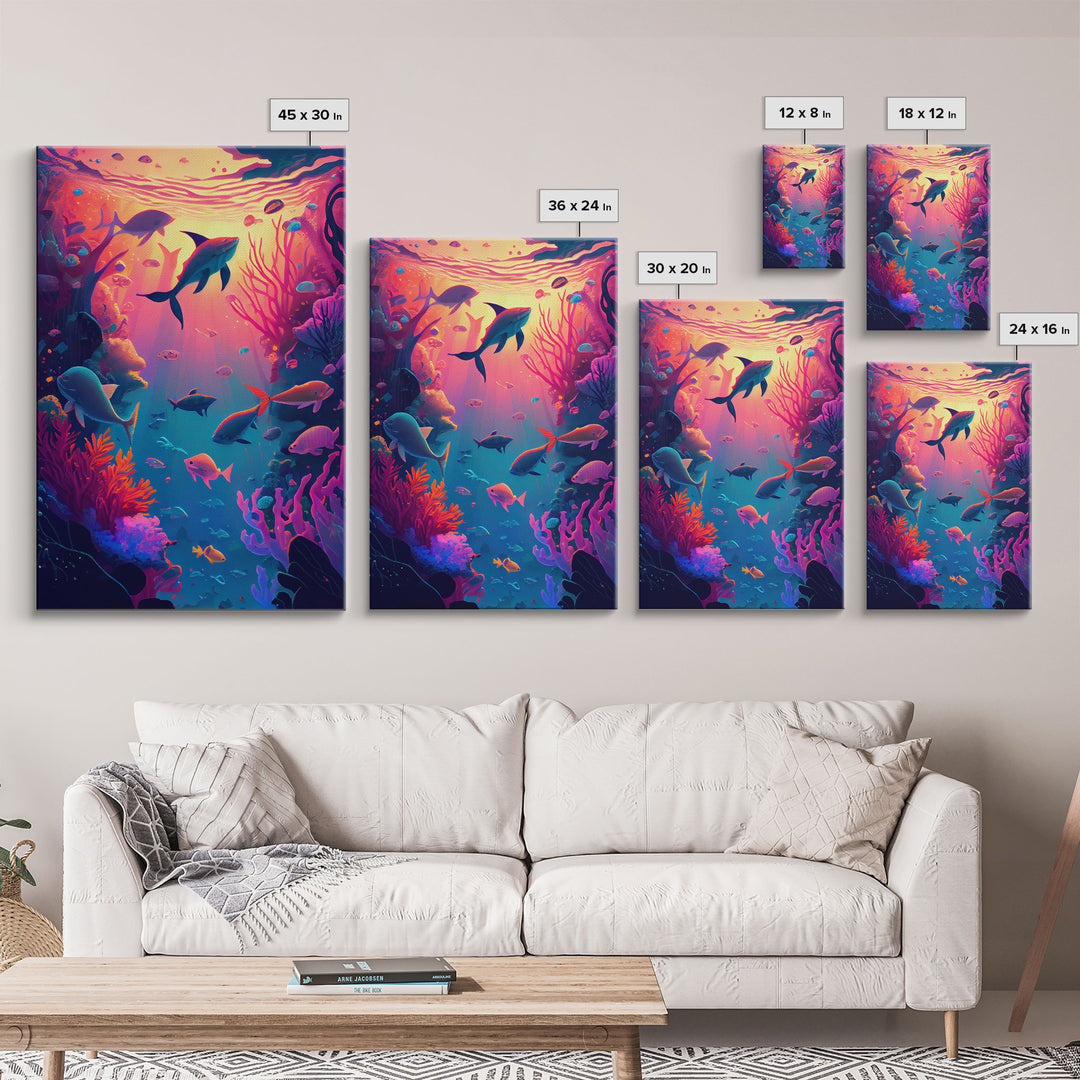 80s Vibe Under The Sea Coral Reef Art, framed canvas print, fish and reef art