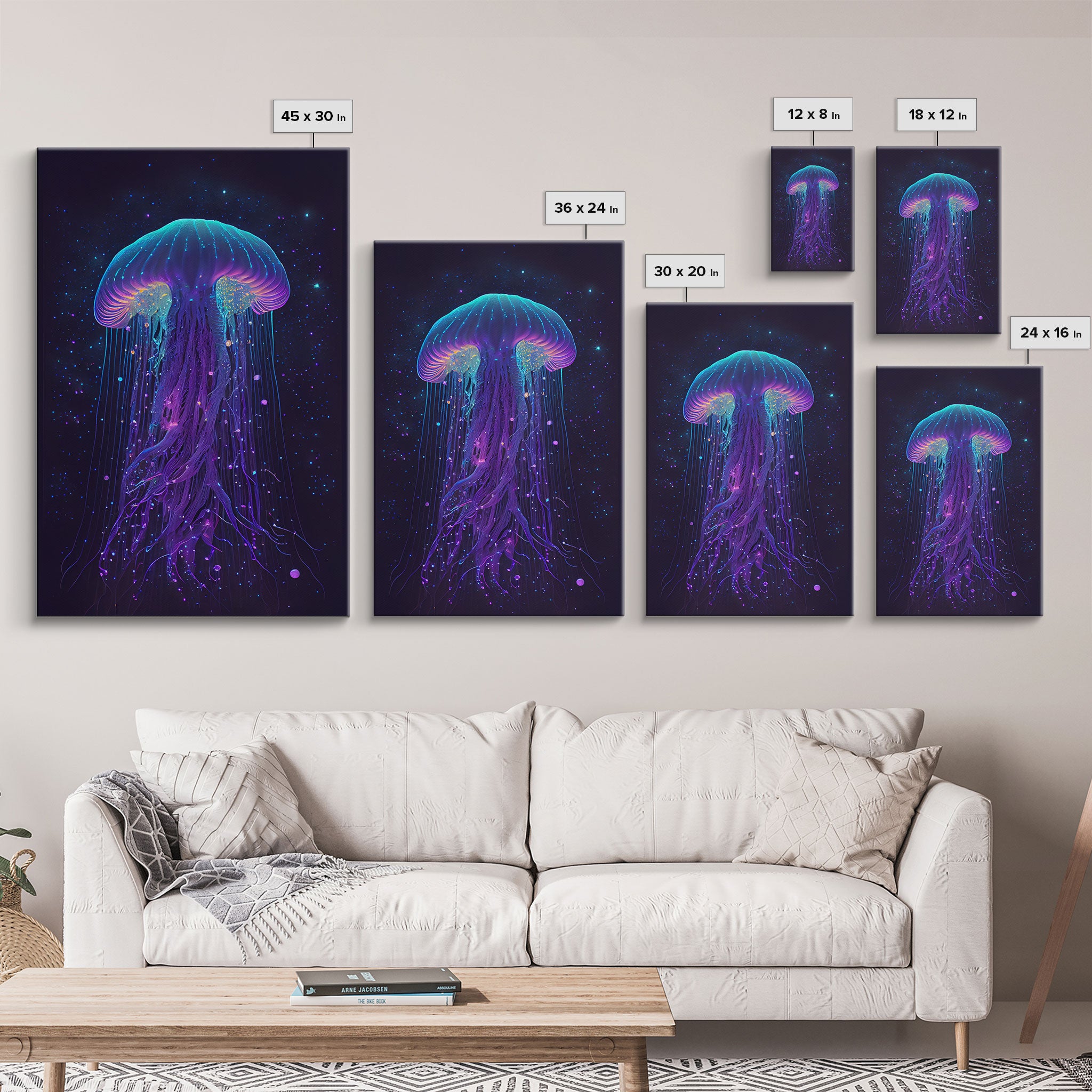 Bioluminescent Jellyfish against a Starry night sky, Cosmic Jelly Fish, Framed Canvas Print, synthwave style art