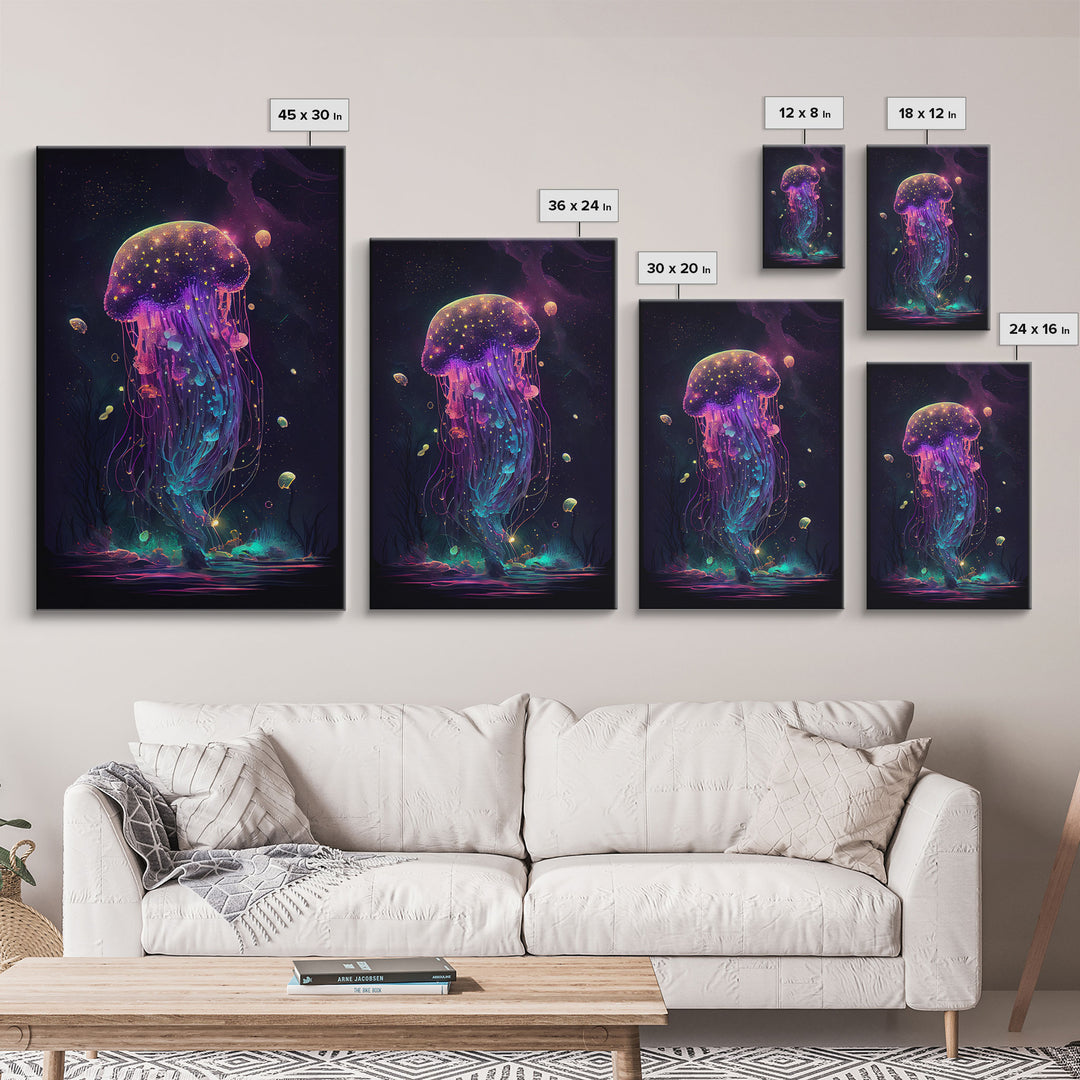 Bioluminescent Cosmic Jellyfish against a Starry night sky, JellyFish Art, Framed Canvas Print, synthwave style art