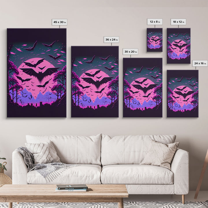 Vampire Bat Art, Horror, framed canvas print, bats in flight over a pink full moon, Halloween Decor, Halloween Wall Art