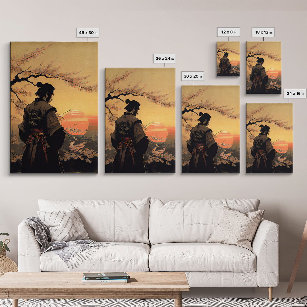 Watercolor of a Samurai observing a sunset, Framed Canvas Print, unique wall art