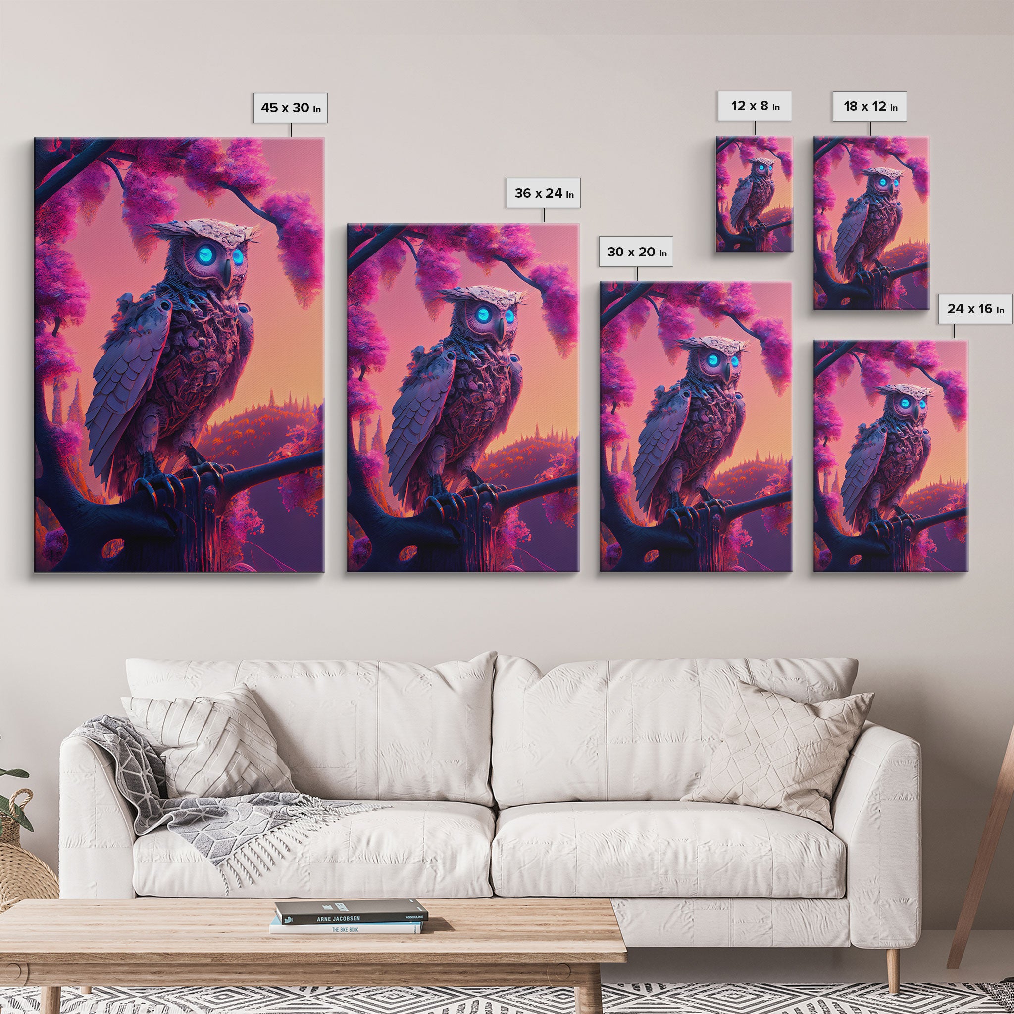 Cyberpunk Robot Owl, framed canvas print, Cybernetic android owl art, vaporwave aesthetic futuristic art