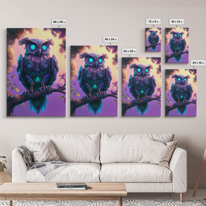 Cyberpunk Robot Owl, framed canvas print, Cybernetic android owl art, vaporwave aesthetic futuristic art