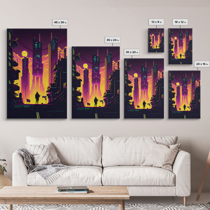 Cyberpunk art, Retrowave style dystopian cityscape art, game room art, framed canvas print, retro wave city skyline