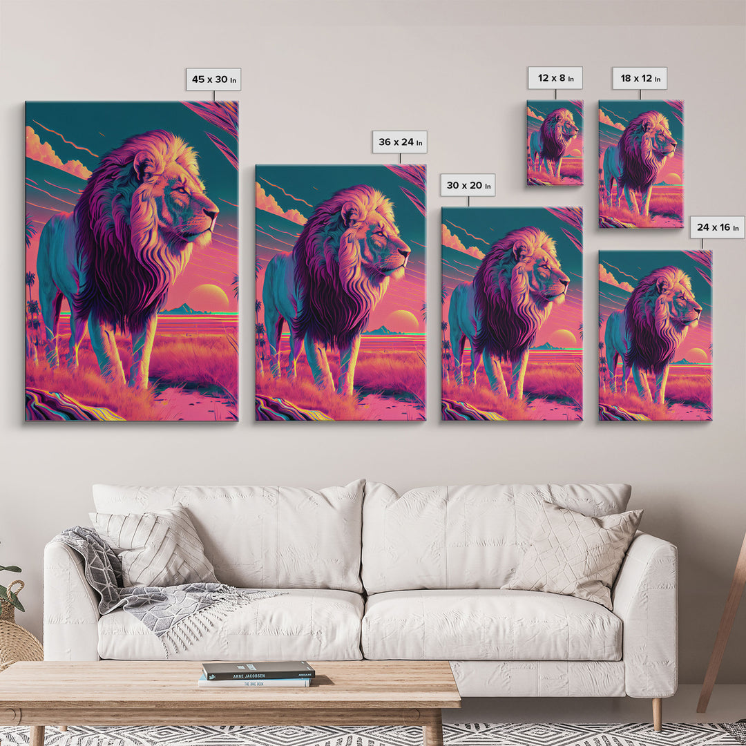 Retro style pastel art, watercolor painting of a lion, framed canvas print, vaporwave aesthetic animal print