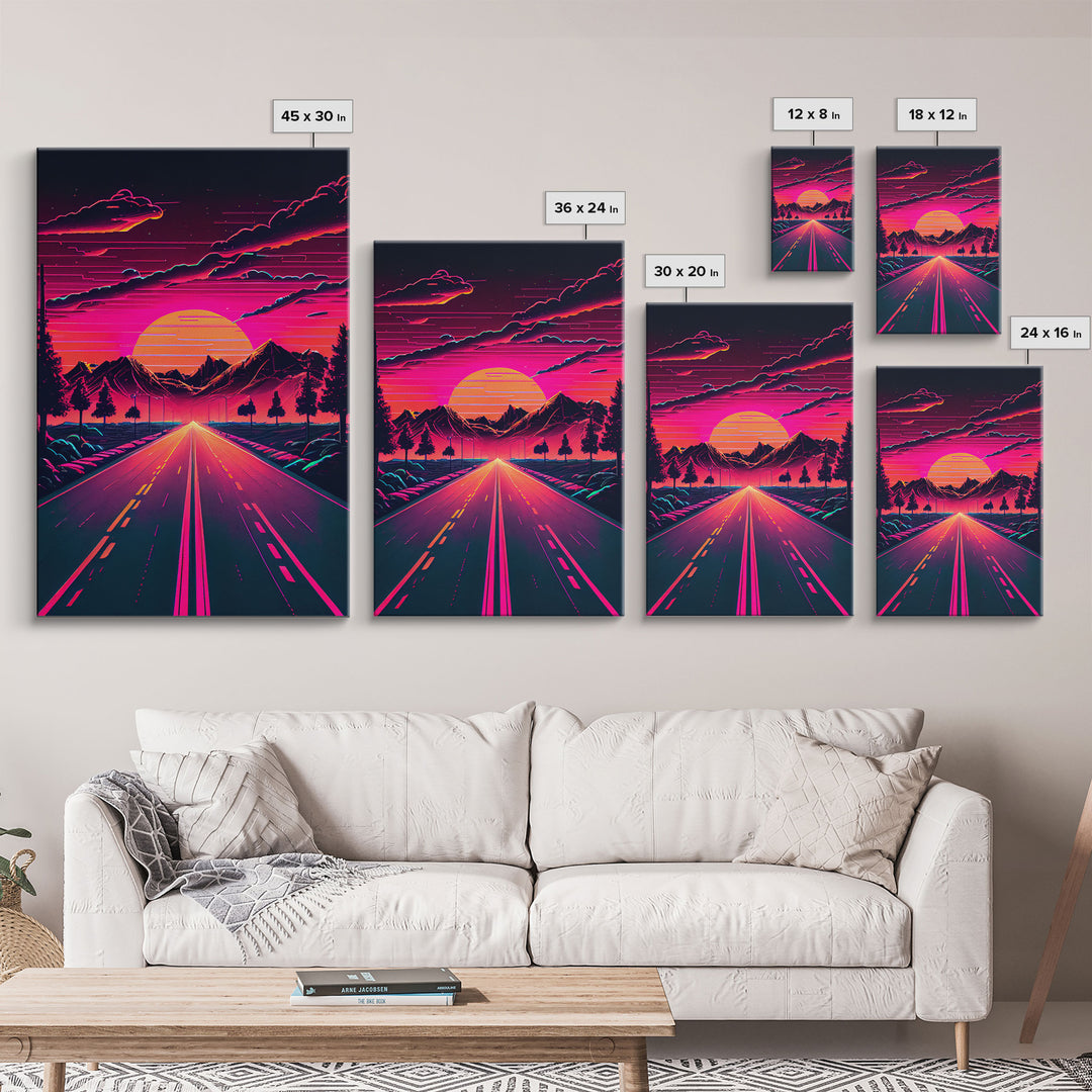 Outrun Sunset over the Arizona mountains, neon aesthetic art,  framed canvas print