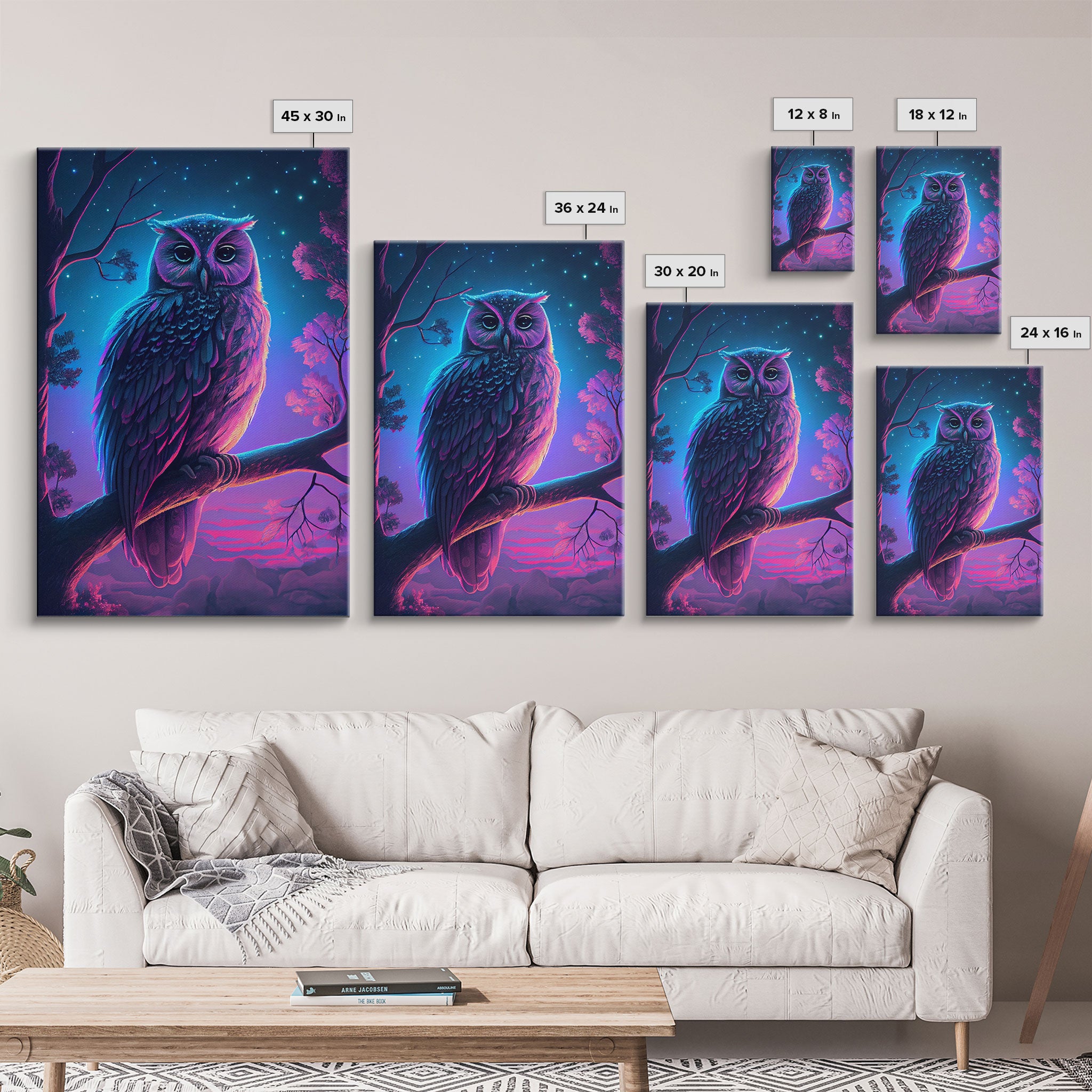 Retro Style Owl Art, Framed Canvas Print, outrun style owl at midnight under a starry sky