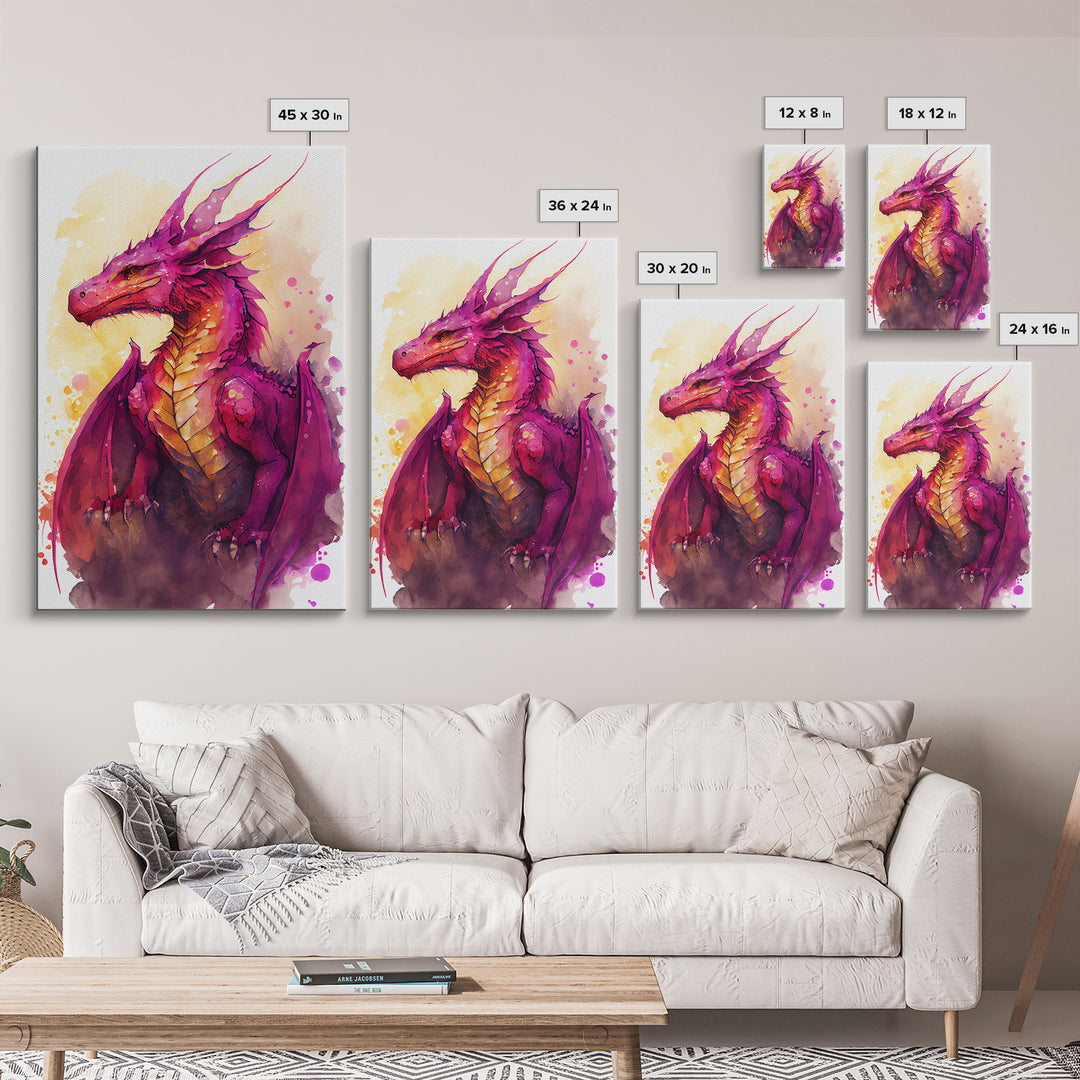 Watercolor painting of a dragon, framed canvas print