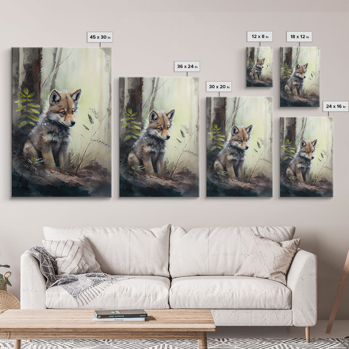 Watercolor of a wolf pup, framed canvas print