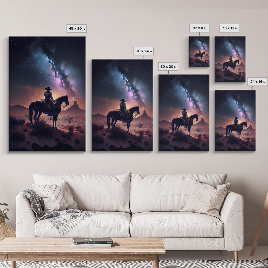 Cowboy contemplating the stars, framed canvas print