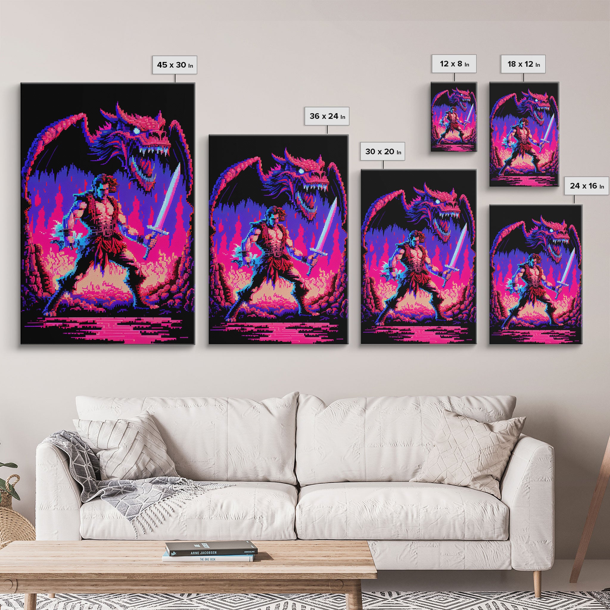 Tabletop RPG art, vaporwave neon aesthetic, Barbarian art, framed canvas print