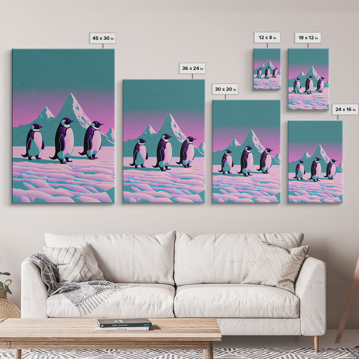 Retrowave Penguins in the Arctic, synthwave style wall art, Antarctica art, framed canvas print, cute animal prints