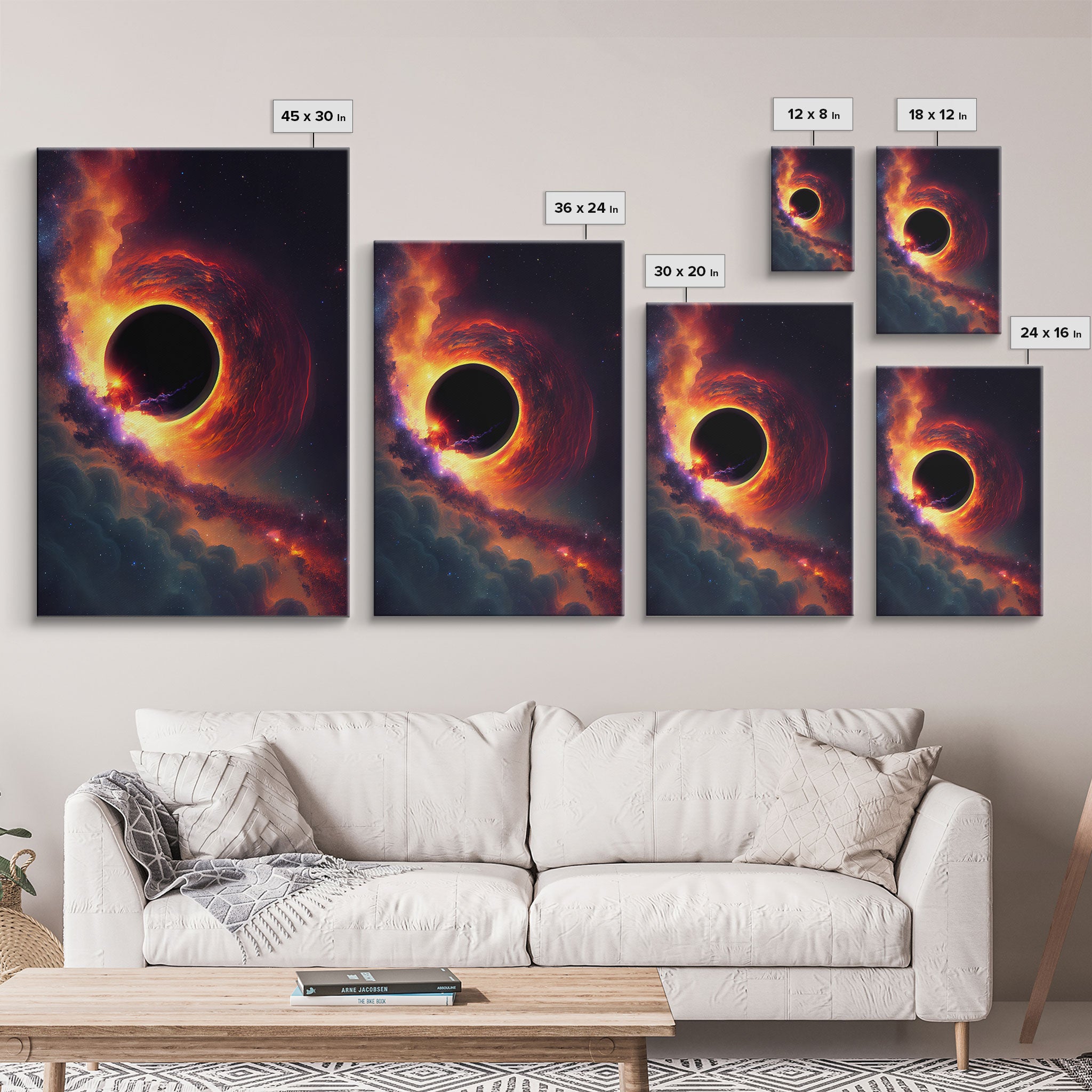 View of a black hole, space scifi art, framed canvas print