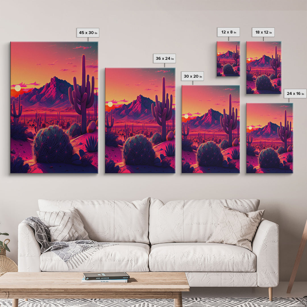 Pastel Arizona Night, Outrun Style sunset over a desert landscape with cactus, framed canvas print