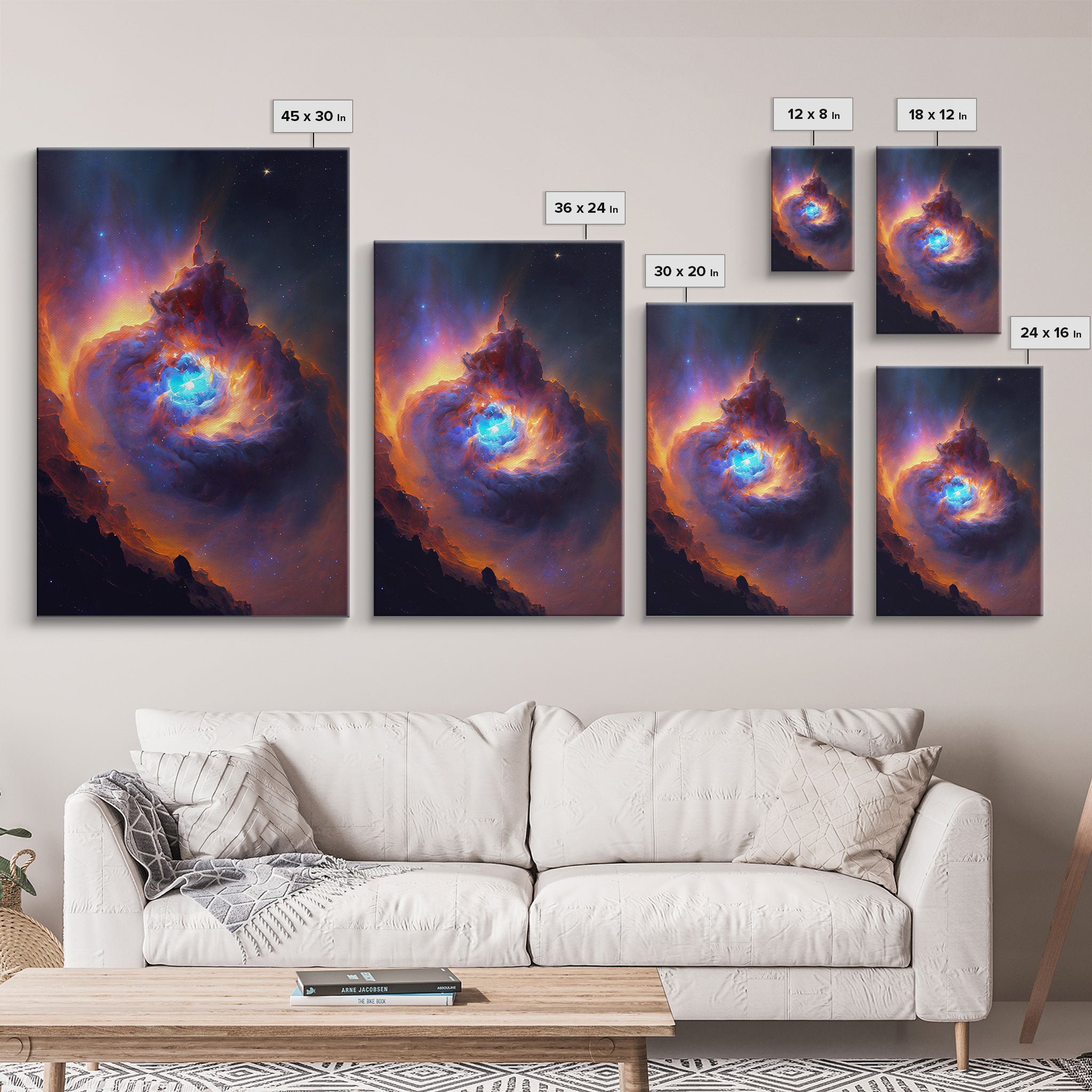 Colorful Nebula in Deep Space, Framed canvas print, retrowave watercolor space art